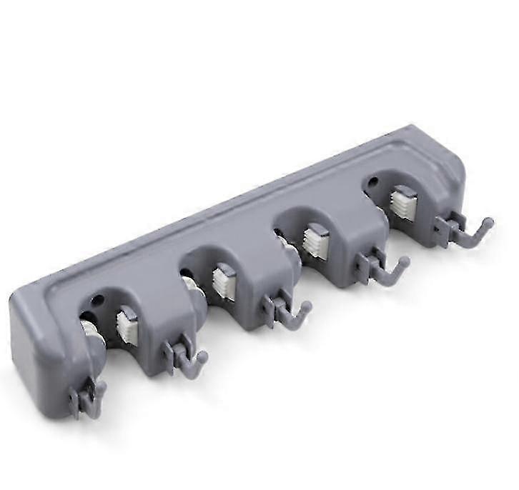 Broom and mop holder with 4 holes and 5 hooks, plastic, grey, 33cm