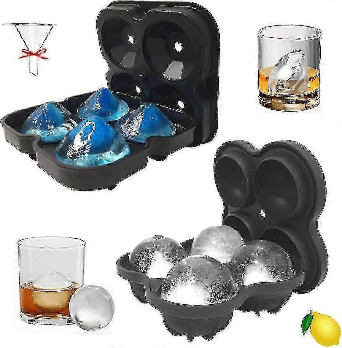 Silicone Ice Cube Tray Set with Lid - Diamond & Round Whiskey Ice Molds for Cocktails, BPA-Free, Reusable & Easy Release