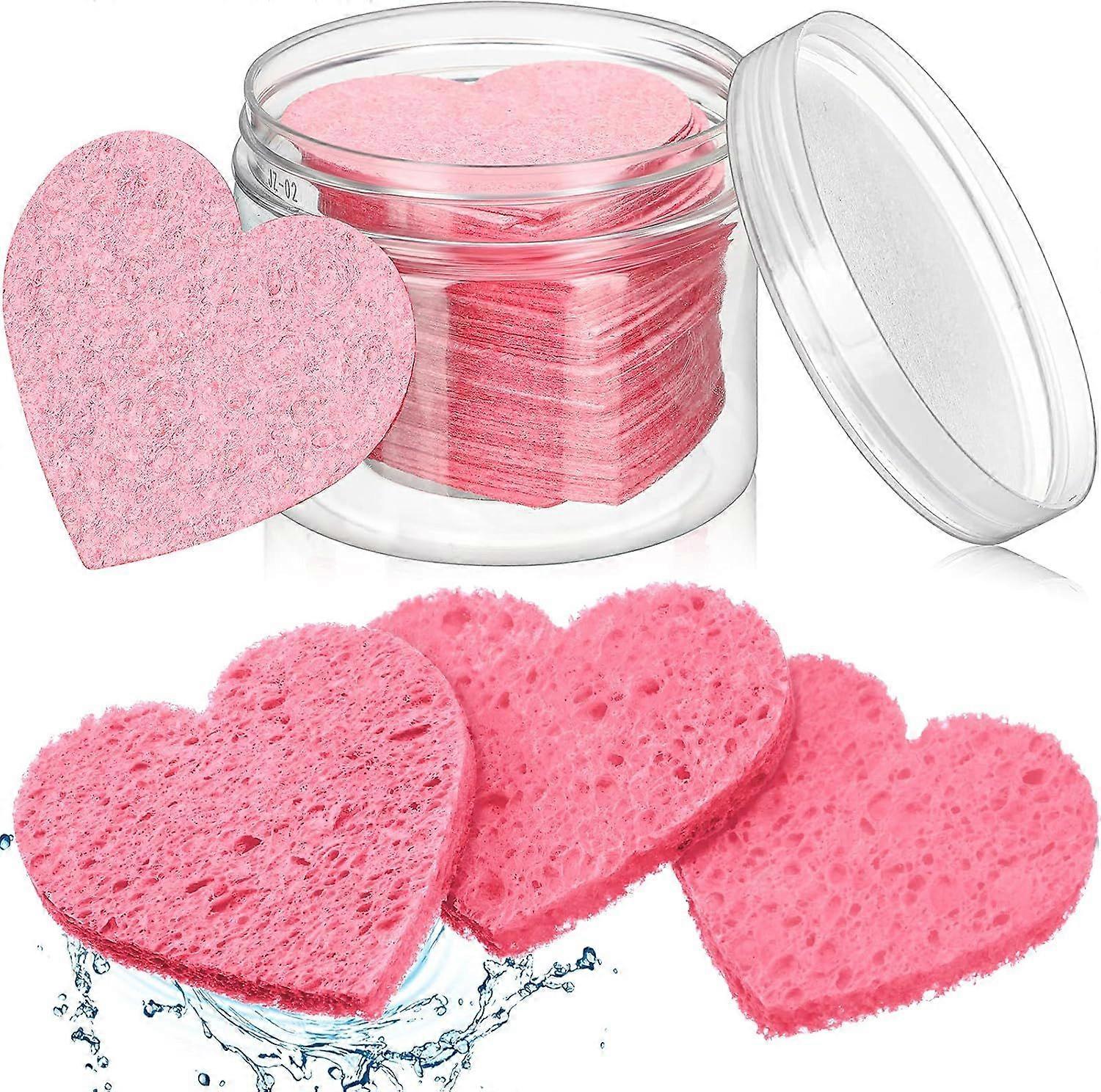 30 Pieces Facial Sponges with Container, Heart Shape Compressed Natural Cleaning Pads for Exfoliating Makeup Removal