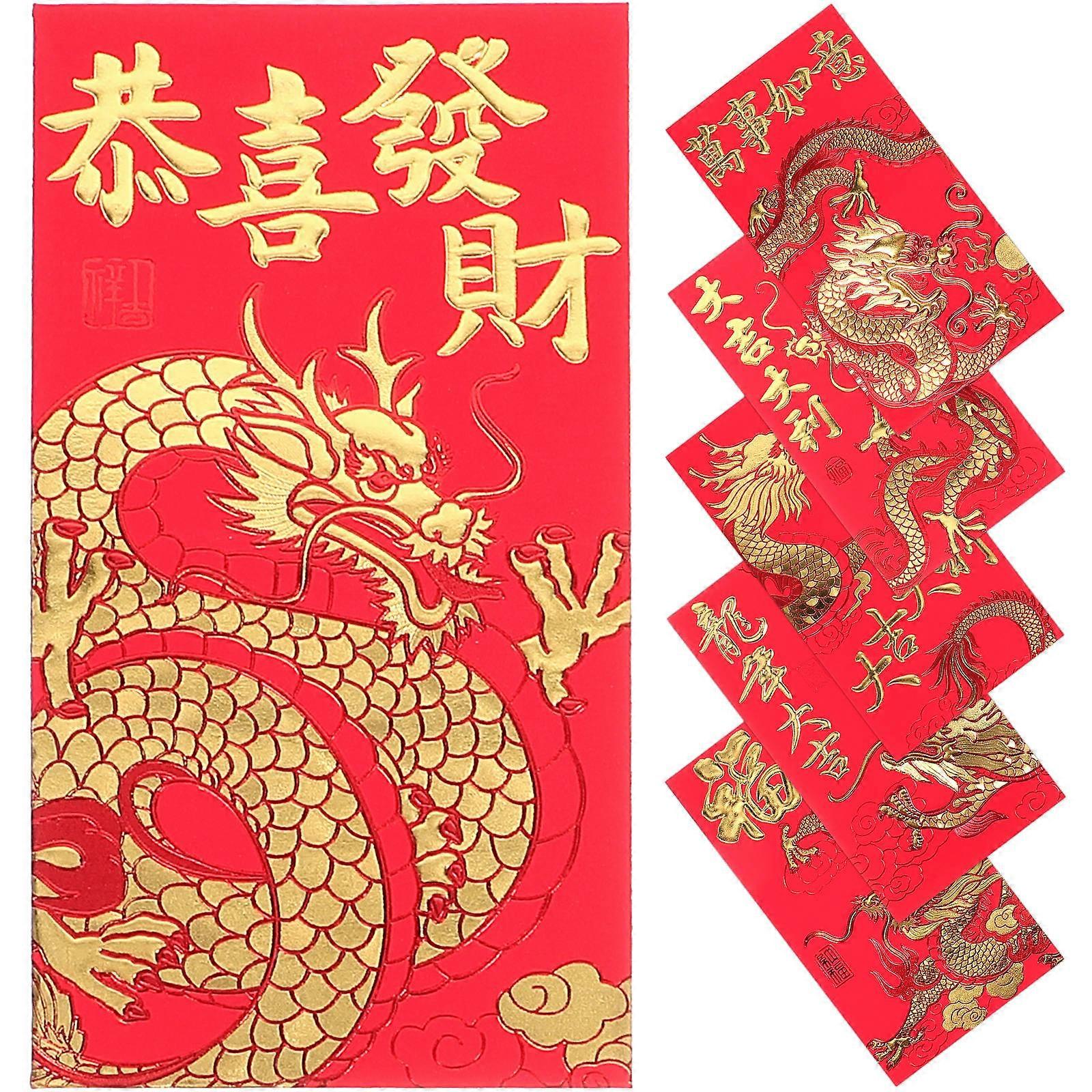 Lunar New Year Dragon Envelopes Red Envelopes Chinese New Year Lucky Money Giving Paper Assorted Color Money Storage 6Pcs