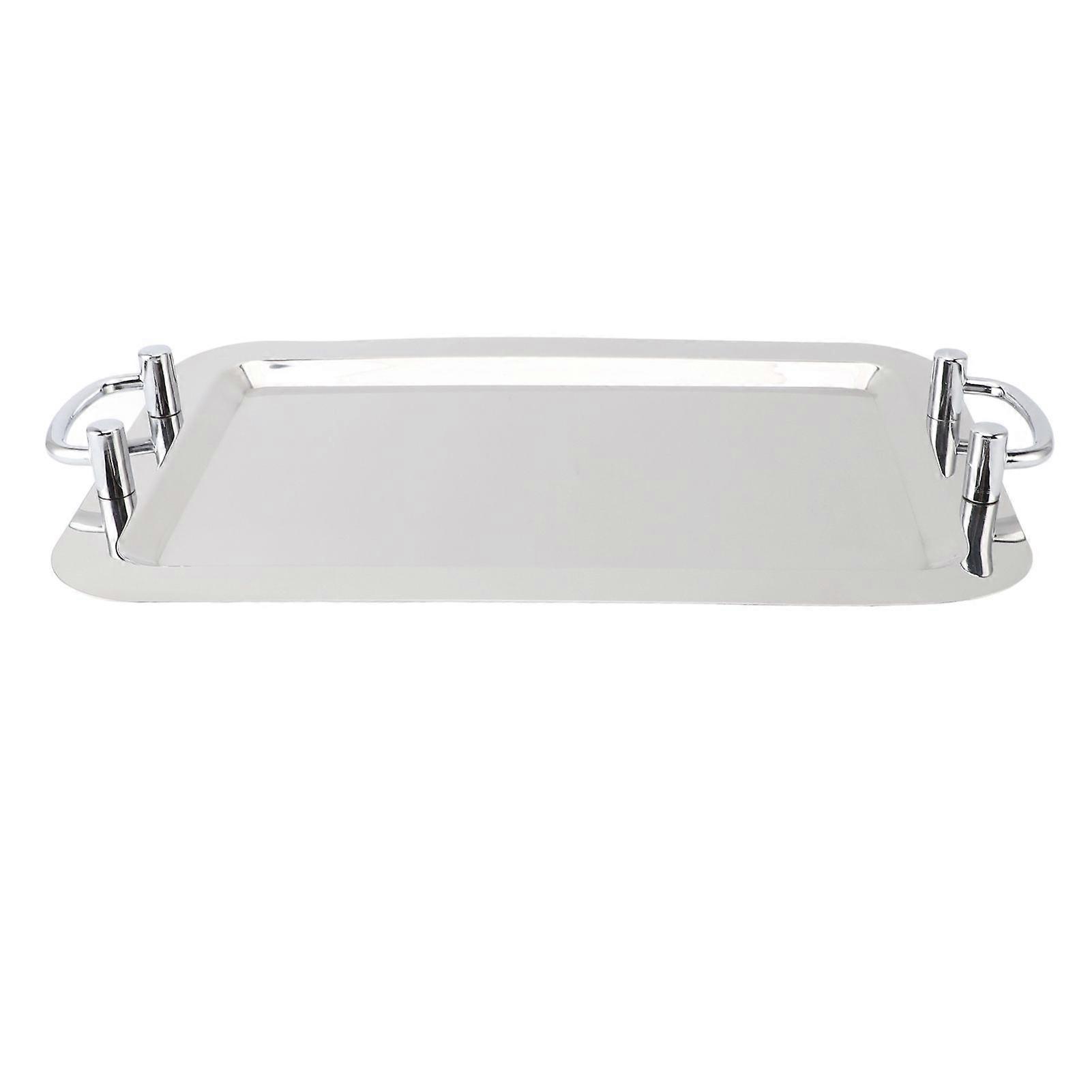 Stainless Steel Platter with Handle Multifunction Portable Metal Serving Tray Dinner Plate for Restaurant Hotel Buffet Rectangle Shape with Silver Han