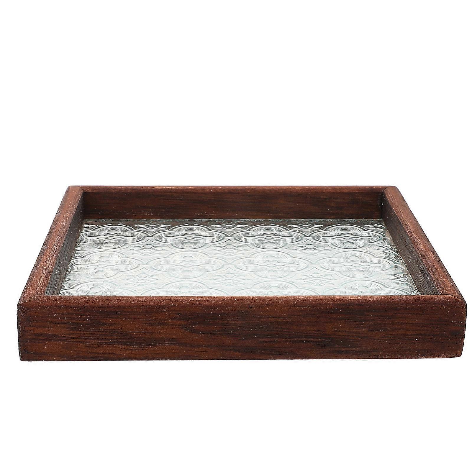 Rustic Wooden Serving Tray for Storage 4Pcs Glass and Wood Tea Tray