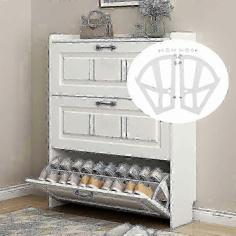 White Shoe Cabinet with Shelves & Drawers - Double Layer Hollow Shoe Rack Storage for Home