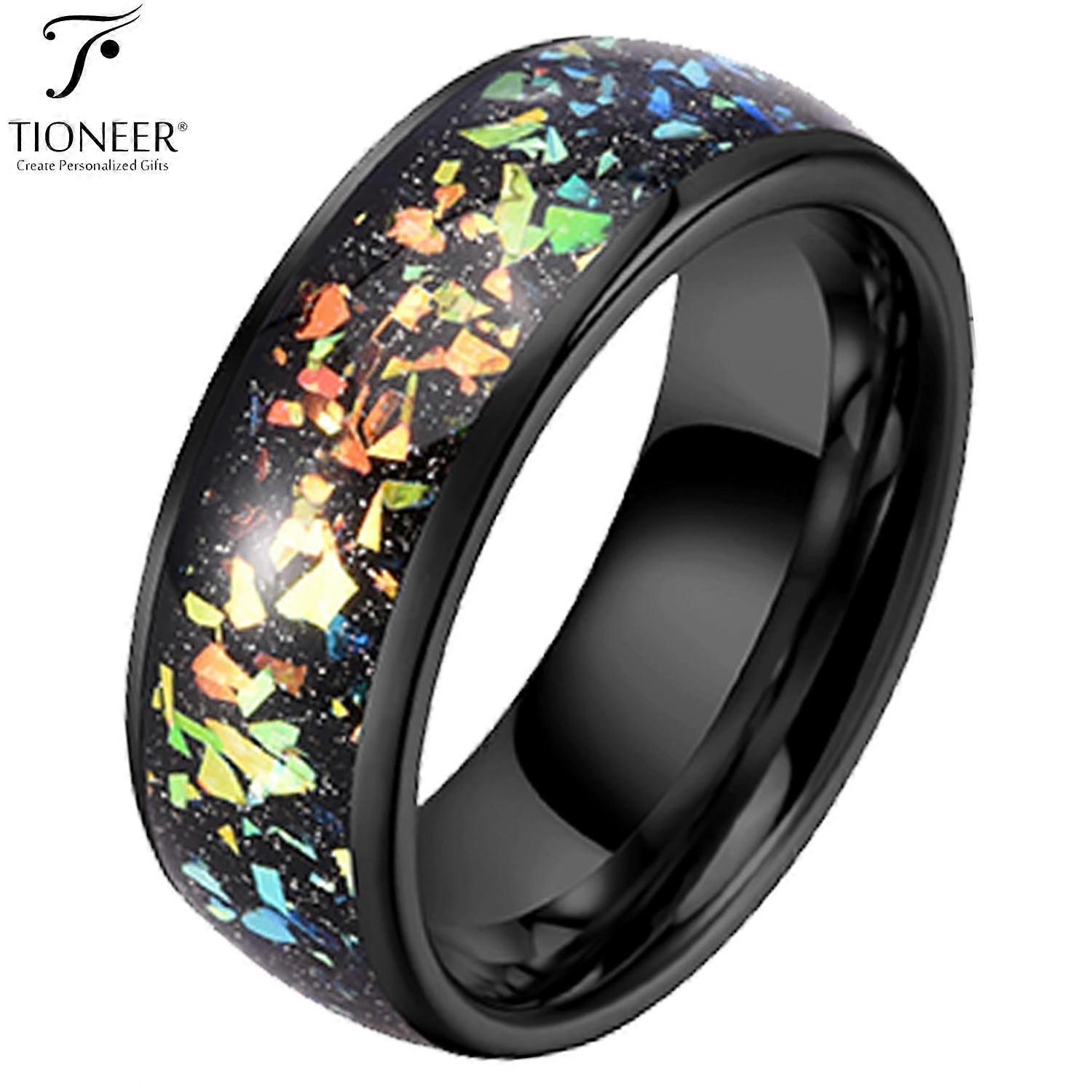 Tioneer Black IP Tungsten Ring 8mm Galaxy Series w/ Opal Inlay in Different Styles Wedding Band for Men Women w/ Free Engraving Options