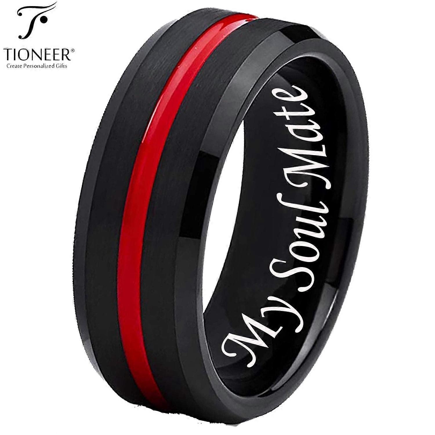 Tioneer Black IP Tungsten Ring w/ Distinct Blue or Red Center Line 8mm Comfort Fitw/ Free Engraving Options