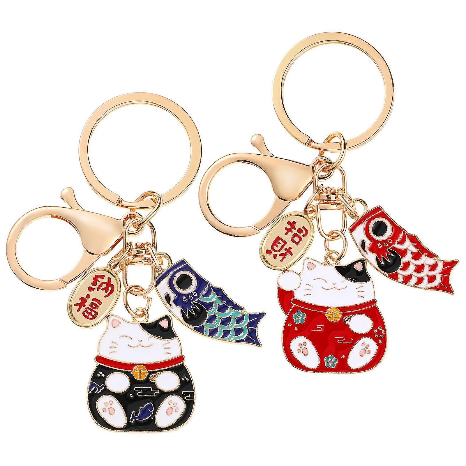 Red Japanese Cat Keychain Creative Fortune Cat Design 4Pcs Keyrings