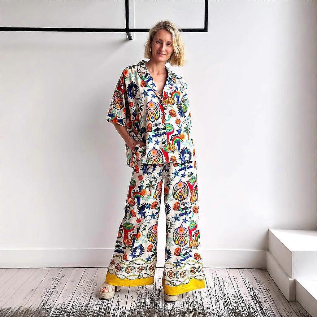 Printed short-sleeved color-blocked holiday casual drawstring suit