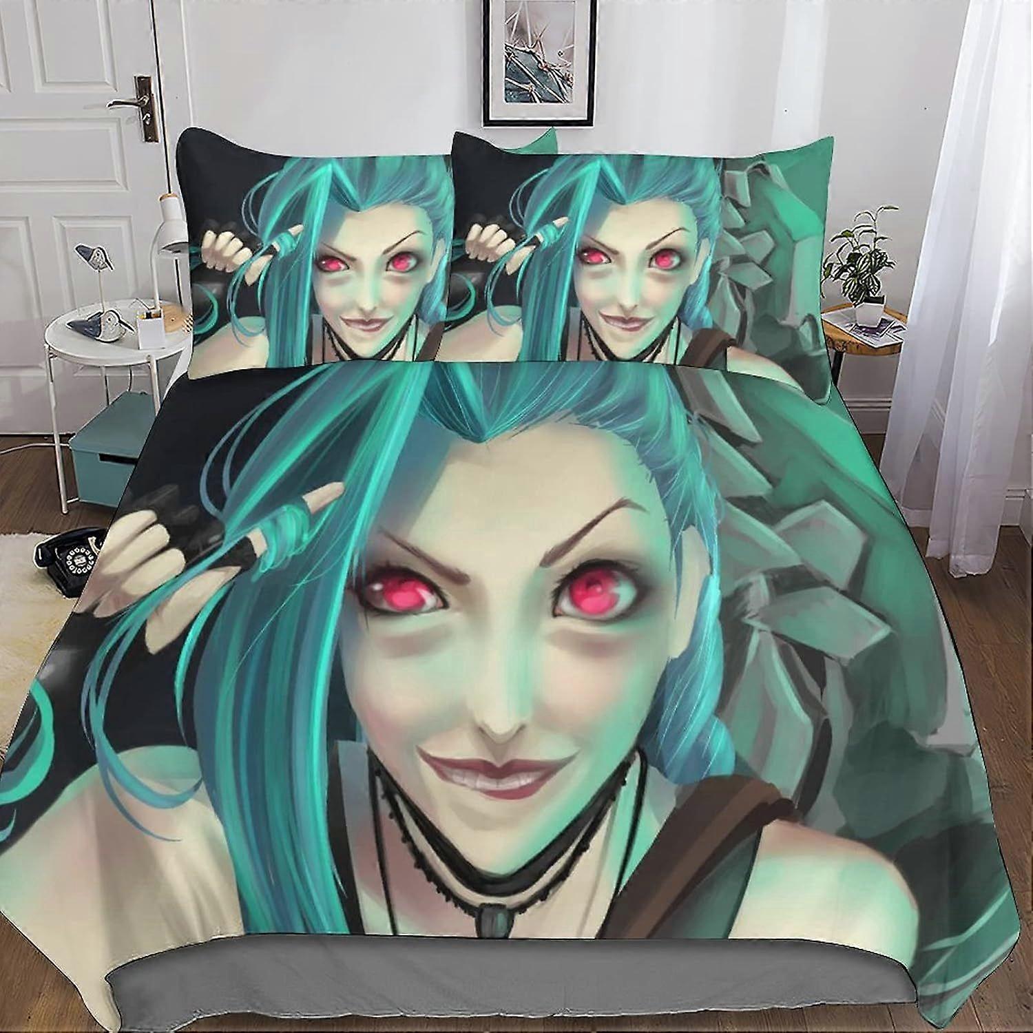 League of Legends Rinted Bedding Jinx Duvet Cover com fecho com zíper Capa de colcha de microfibra macia Meninos e Meninas Rei