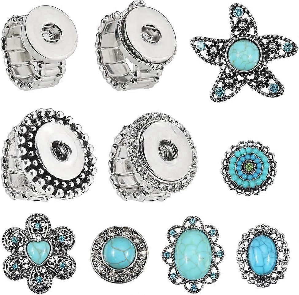 1 Box 10Pcs Snap Button Rings Including 4Pcs Interchangeable Ring Settings with 6Pcs Rhinestone Resin Imitation Turquoise Beads Vintage Snap Buttons f