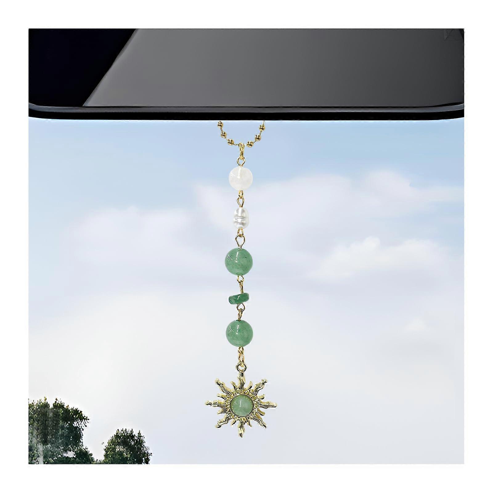 Boho Sun Crystal Car Hanging Ornament with Adjustable Chain, Handmade Rearview Mirror Charm Light Green