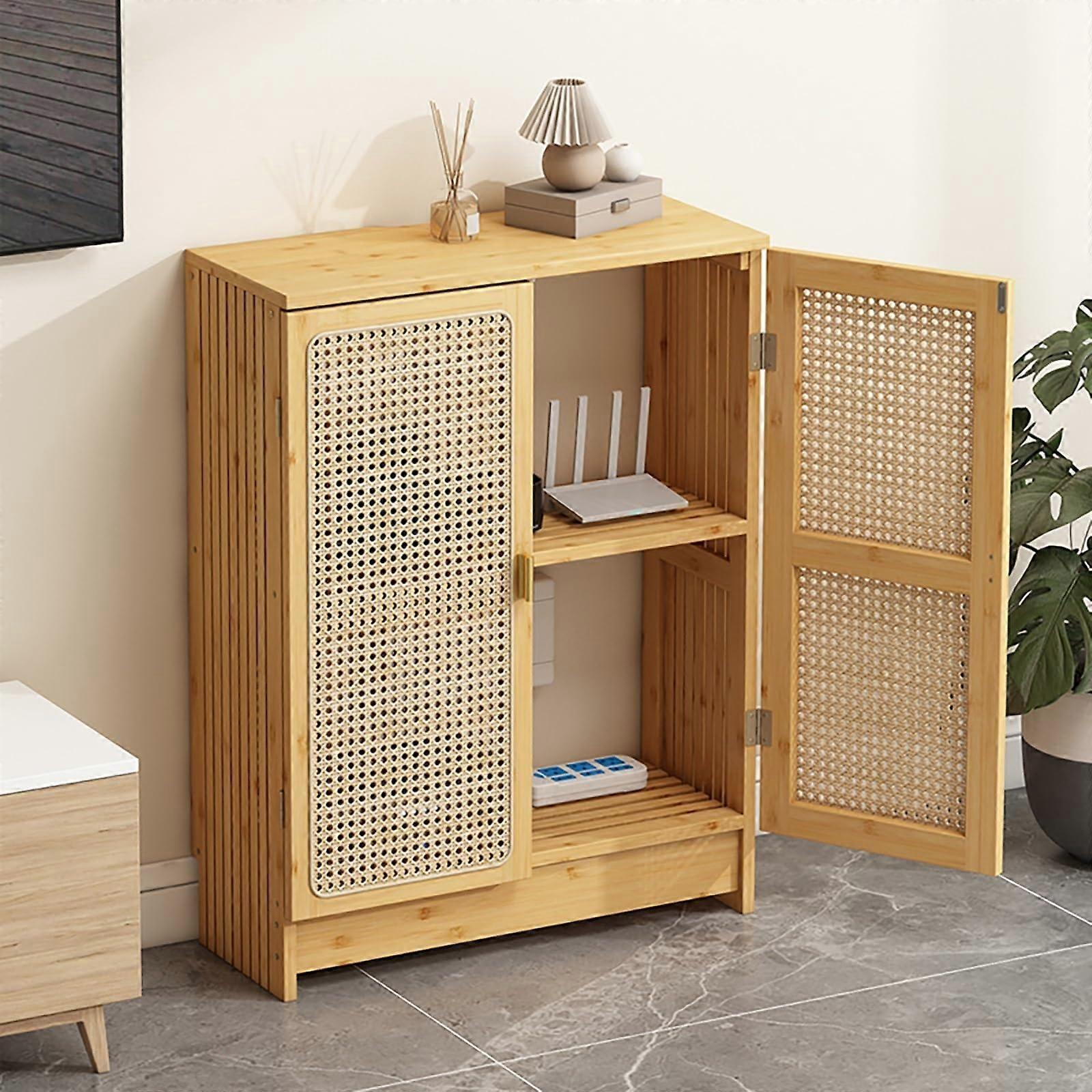 Rattan WiFi Router Storage Cabinet with Ventilation, Double Layer Modem Organizer, 50x80cm