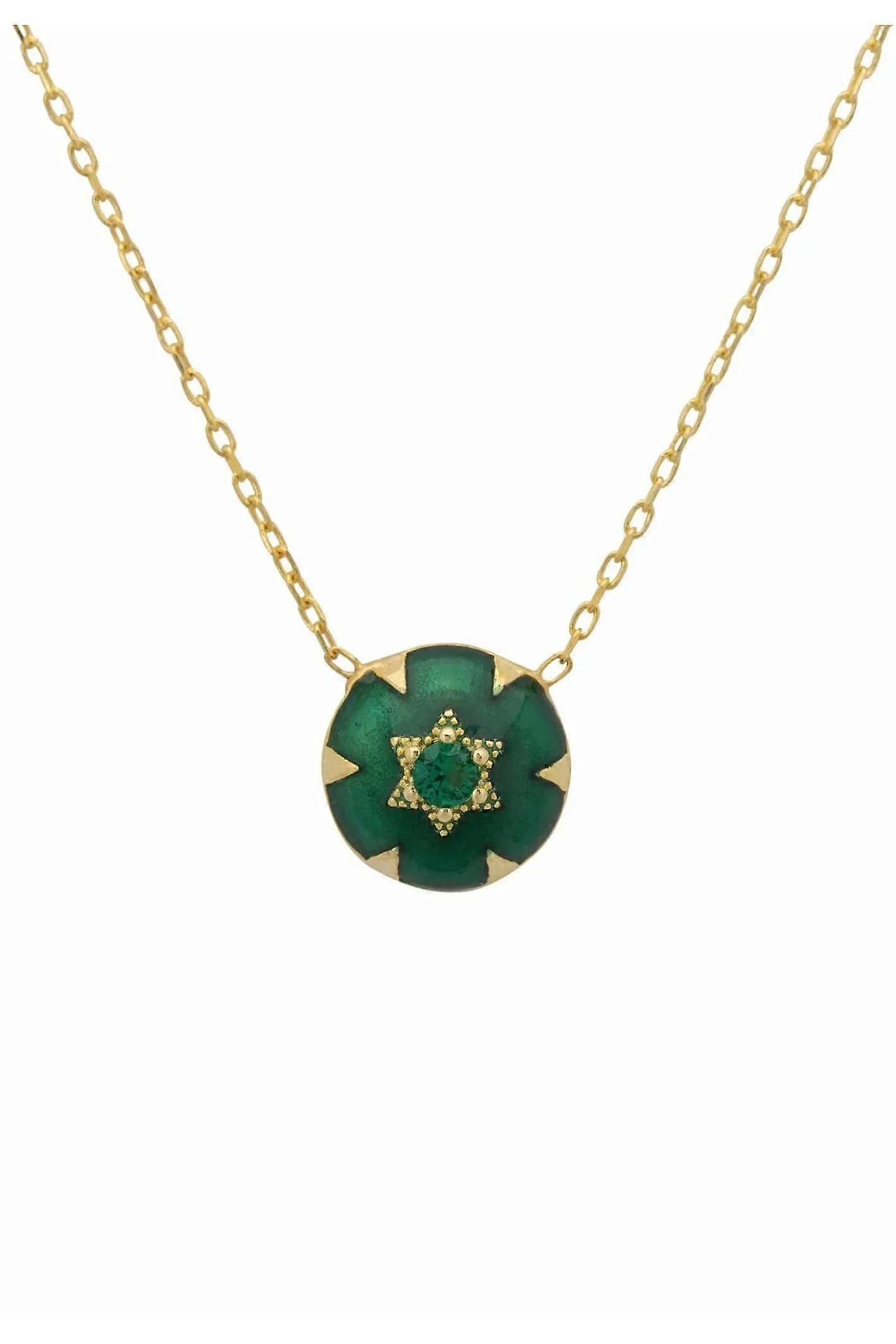 Náhrdelník s Davidovou hvězdou - Zelený smaltovaný přívěsek se smaragdově zeleným zirkonem ve zlatém nastavení - 40 cm + 5 cm nastavitelná délka