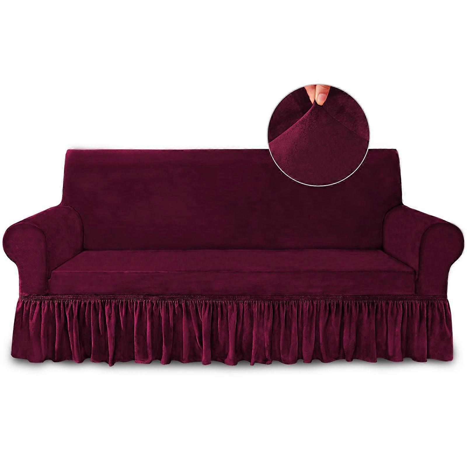 Wine Red Stretch Sofa Slipcover with Skirt, Couch Cover Full Coverage, Machine Washable Protector