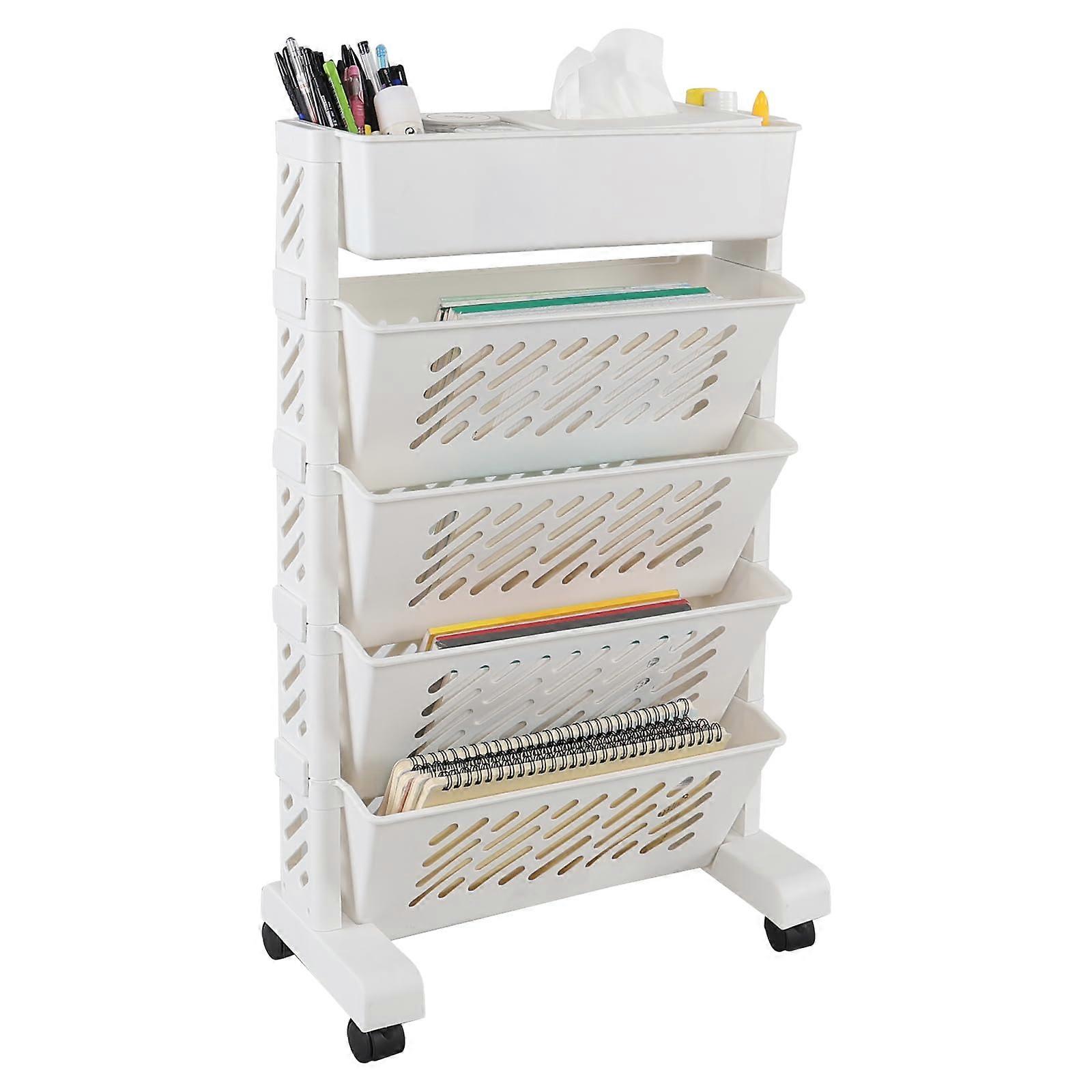 5Tier Rolling Bookshelf with Wheels, Compact Mobile Bookcase for Small Spaces and Corner Fit