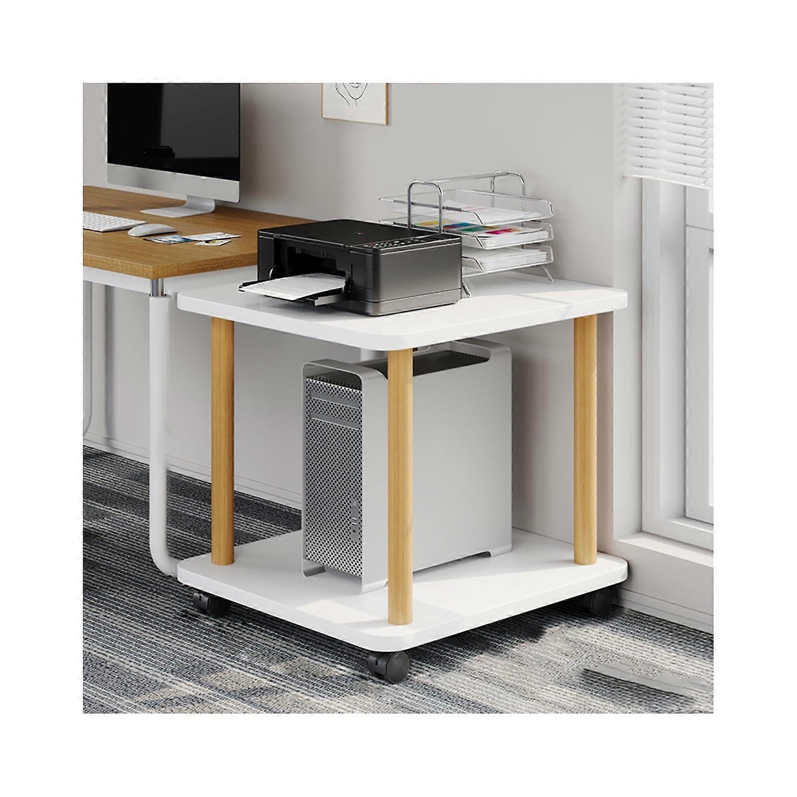 Printer Stand with Wheels, Wooden 2Tier Rolling Printer Table, Compact Under Desk Storage Organizer 60x60cm White