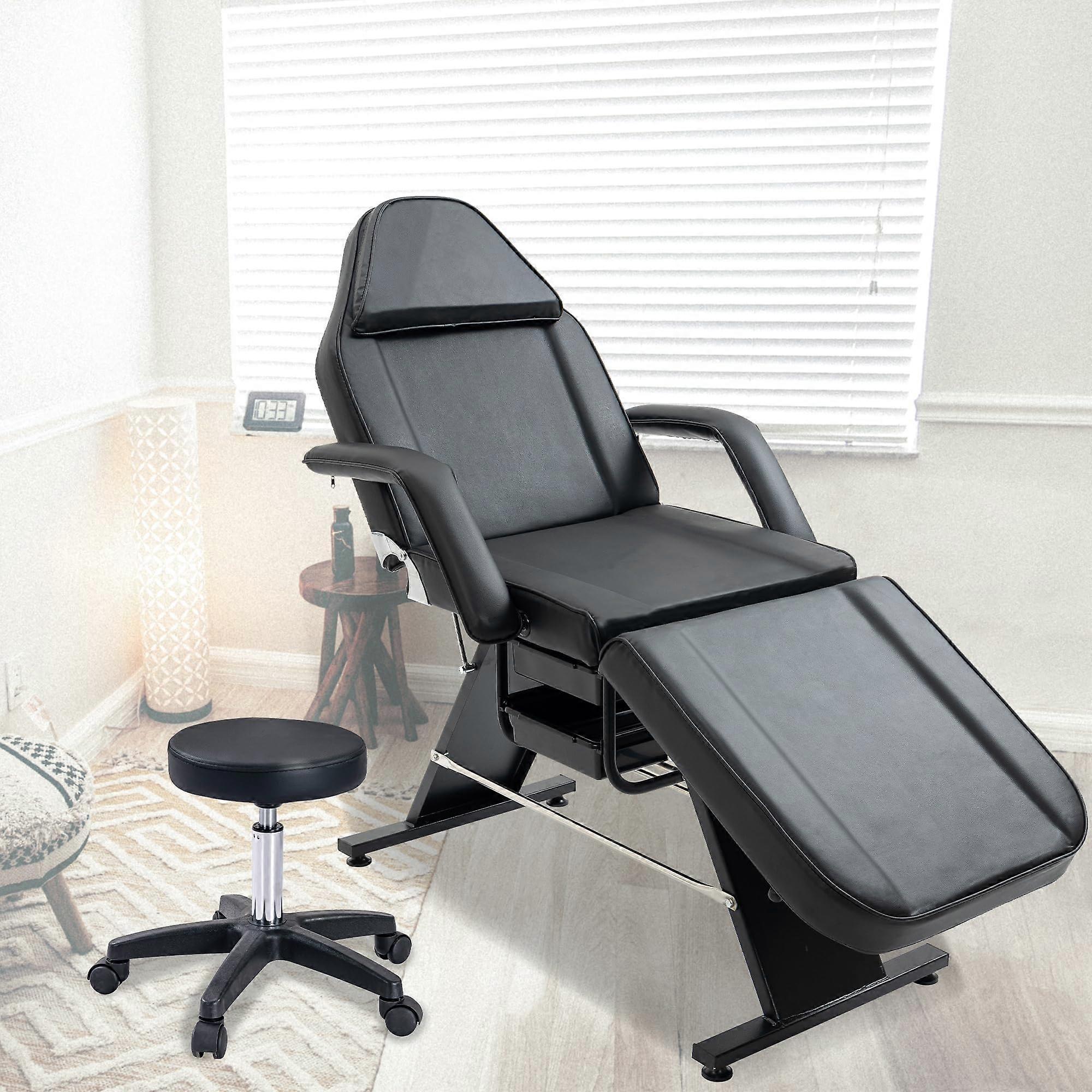 Adjustable PU Leather Massage Table 3 Section Tattoo Chair Bed with Hydraulic Stool Black
