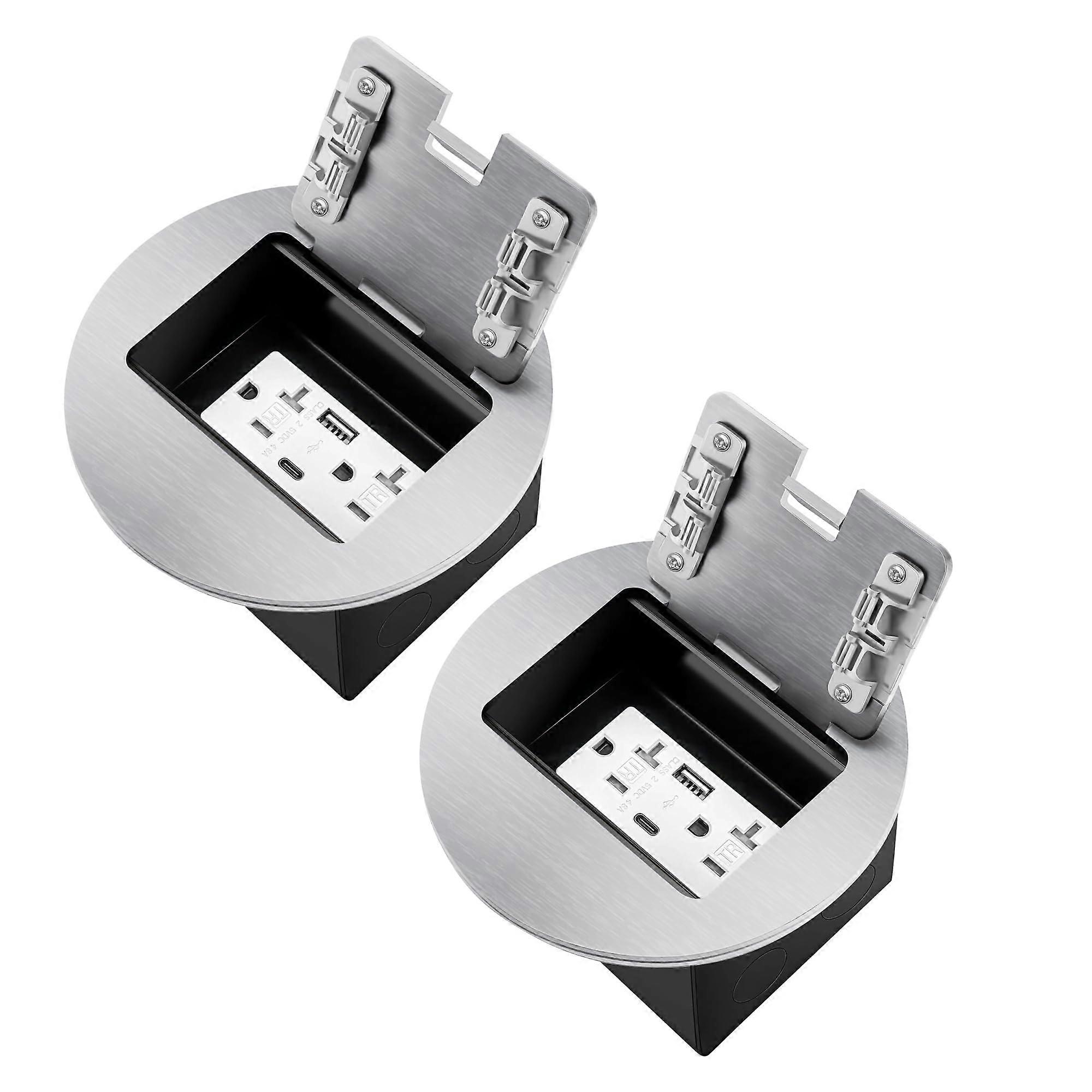 Floor Outlet Box with USB A and USB C Charging, 20A Tamper Resistant Recessed Plug Kit, 2 Pack Silver