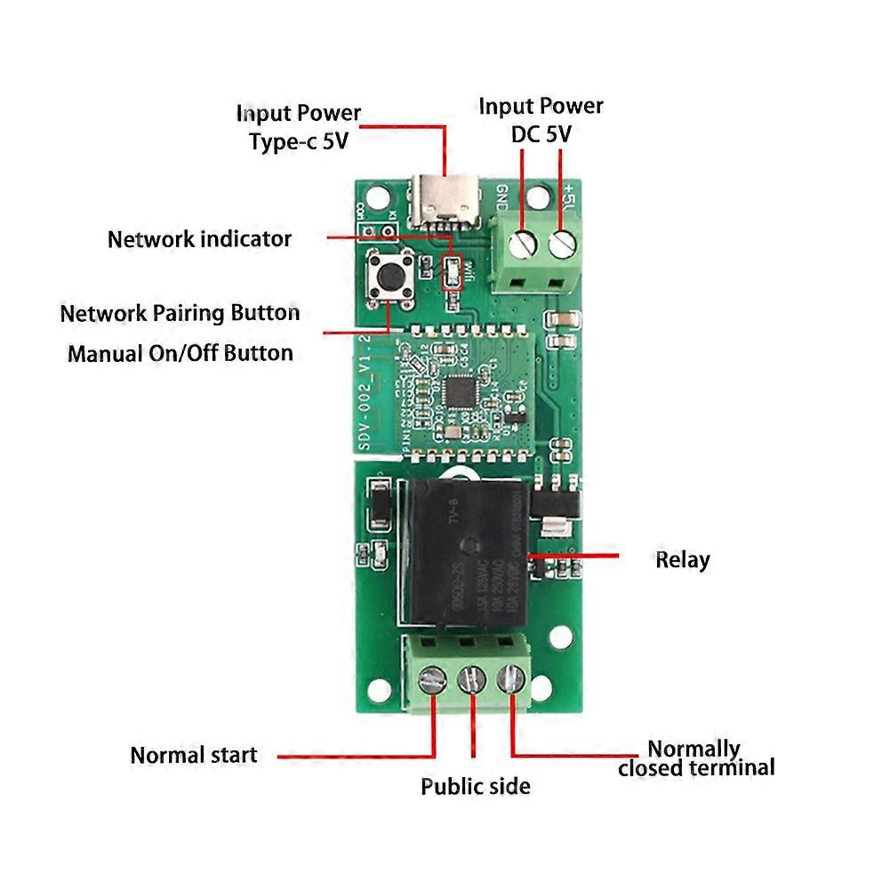 DC5V Single-Channel Bluetooth WiFi Relay Module: Momentary-to-Hold, MicroLink APP Control with Type-C Interface