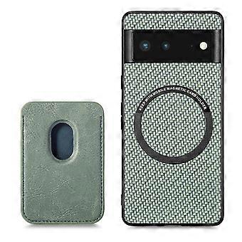 Funda de cuero sintético con fibra de carbono para Google Pixel 6a: tarjetero desmontable, compatible con MagSafe, ultradelgada y resistente a los golpes, color verde.