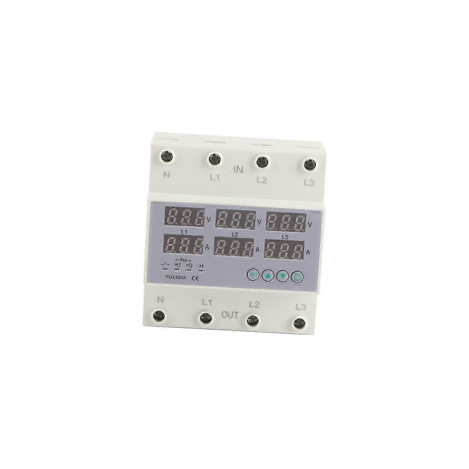 3 Phase DIN Rail Voltmeter Ammeter Automatic Overvoltage Overcurrent Protector AC 390?500V 40A