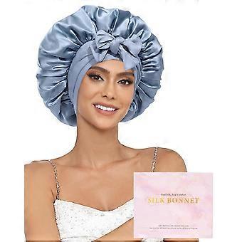 Seidenschlafhaube für Damen, doppellagig, wendbar, mit Gummiband, in den Farben Nebelblau und Himmelblau