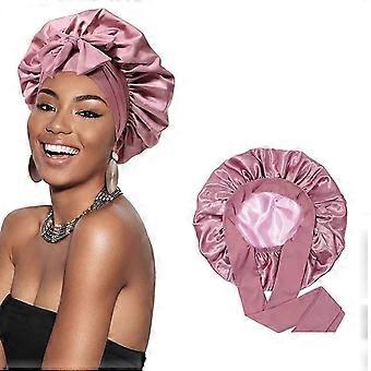 Pink Satin Sleep Cap for Curly Long Hair with Adjustable Tie Straps & DoubleLayer Silk Bonnet