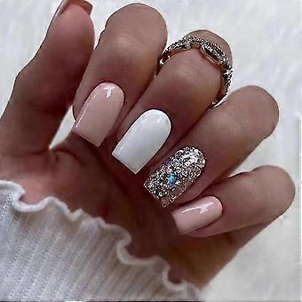 Glitter Short Square Press On Nails Set, White and Pink Acrylic Fake Nails for Women, 24PCS