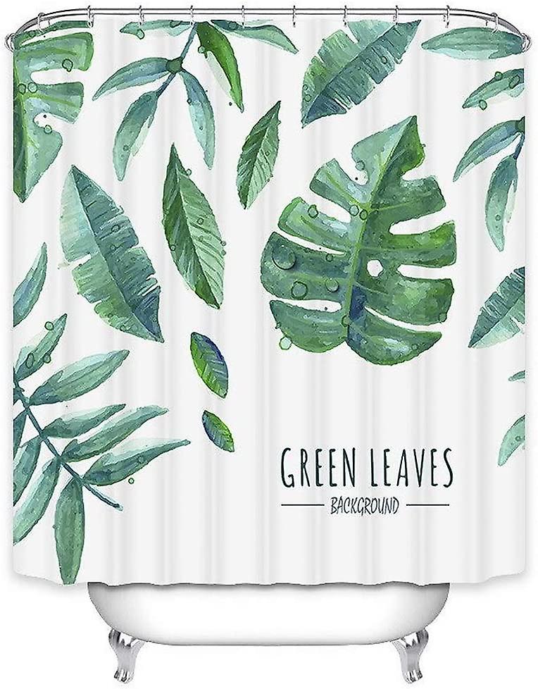 Jungle green fabric shower curtain - Leaf pattern - With 10 hooks