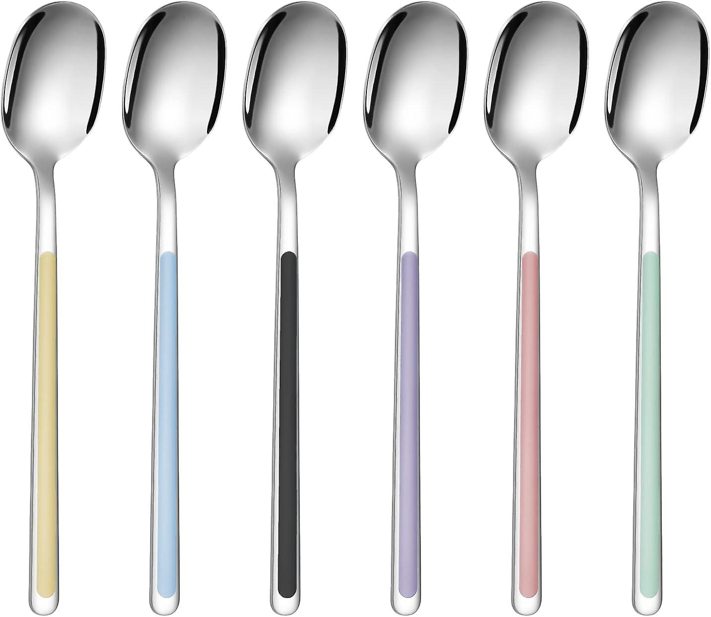 6 Piece Spoons Set, 18/10 Stainless Steel Korean Spoons Silverware, Long Handle Spoons Use For Iced Tea, Ice Cream, Dessert, Rice, Colorful Soup Spoon