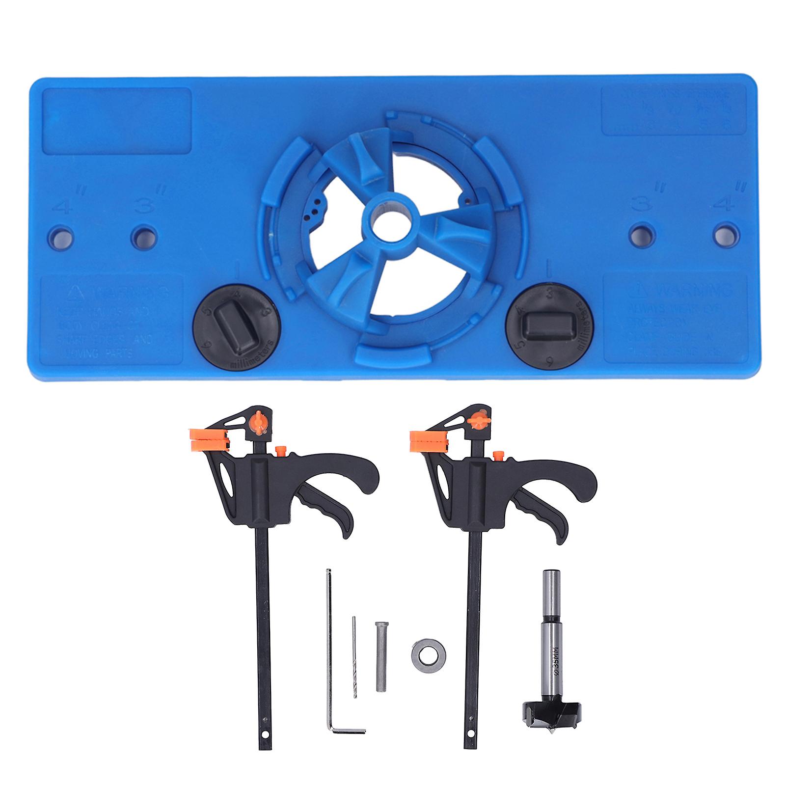 Concealed Hinge Jig 35mm Cabinet Door Drilling Hole Guide Kit with 2 Woodworking F ClampsBlue