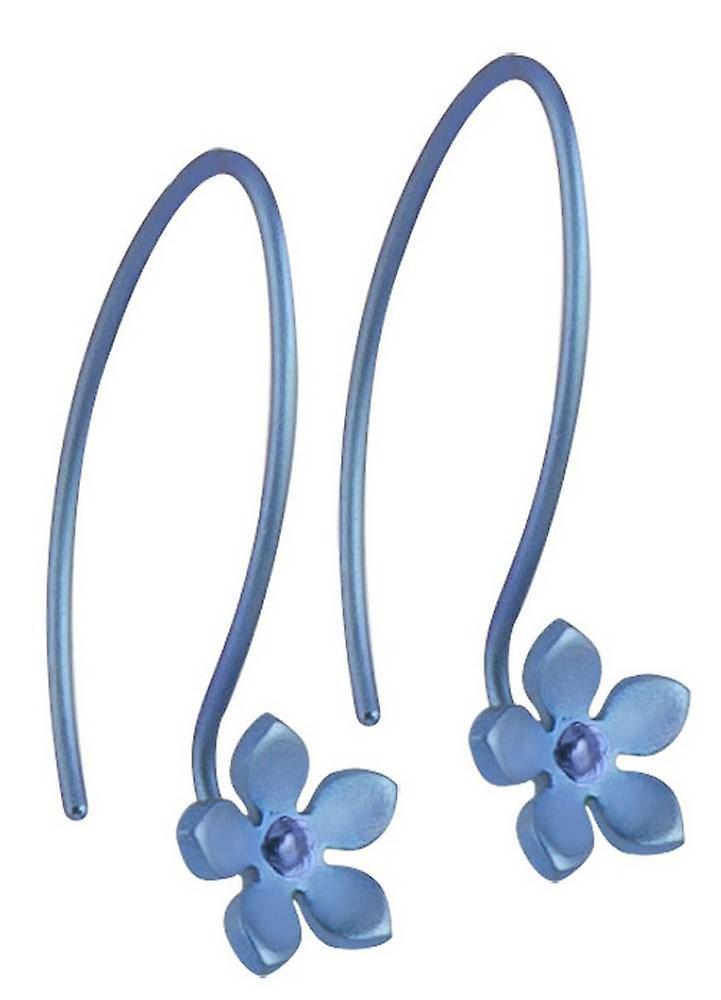 Ti2 Titanium 8mm Five Petal Flower Drop Earrings - Aqua Blue