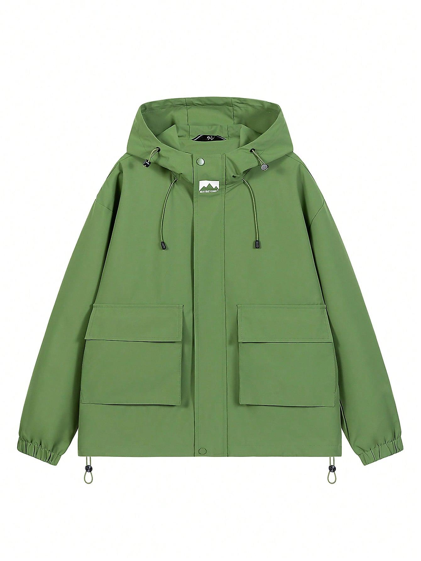 Men Flap Pocket Drawstring Hem Hooded Jacket