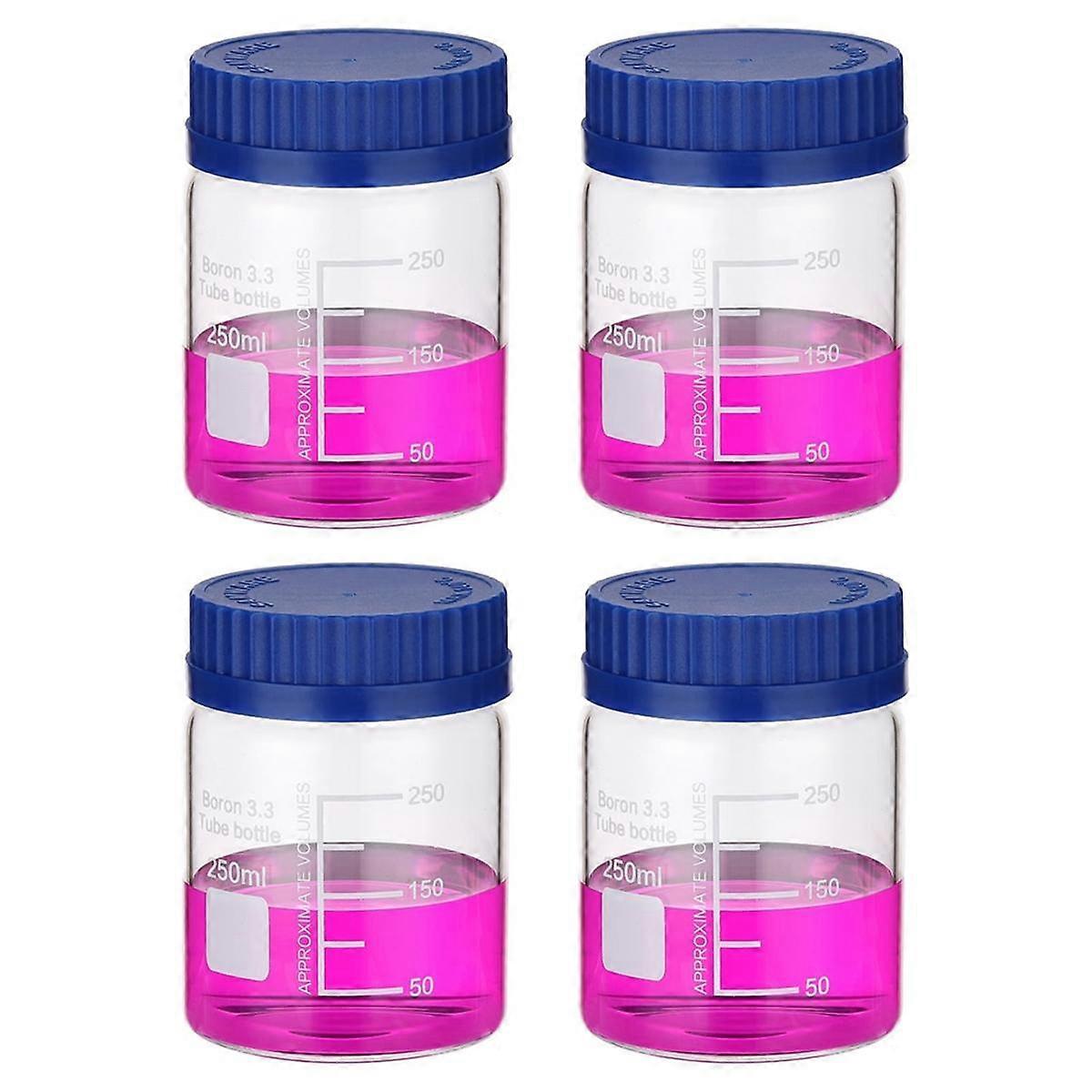 4 Pack Reagent Media Storage Bottles, 250ml Borosilicate Glass Wide Mouth Graduated Round Bottles w