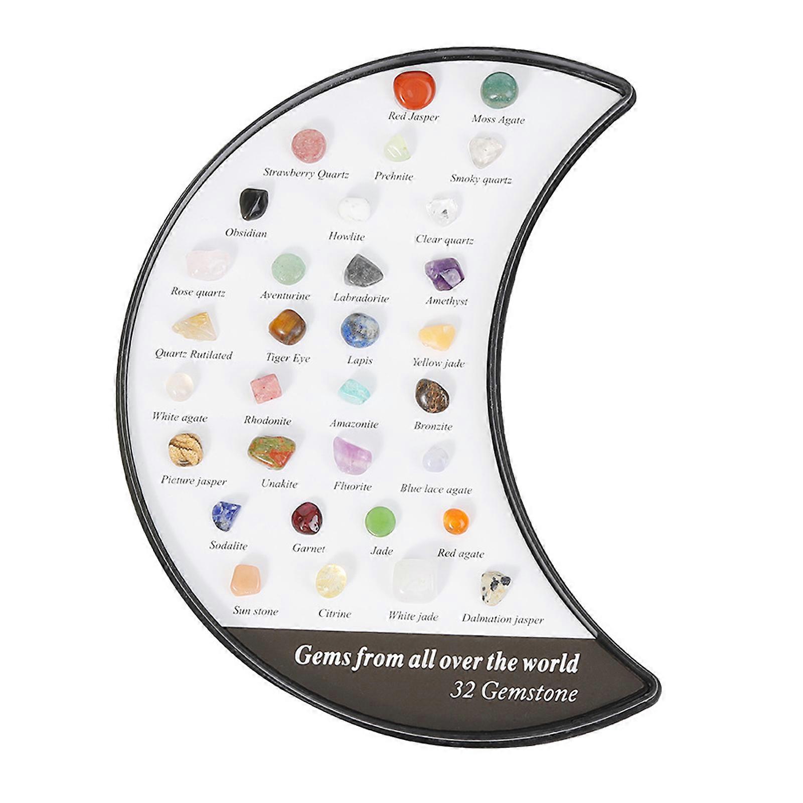 Rock Collection Set 32 Types Moon Shaped Natural Gemstones Set with Display Case Mineral Education Geology Science Teaching Rock Set for Gem Collector