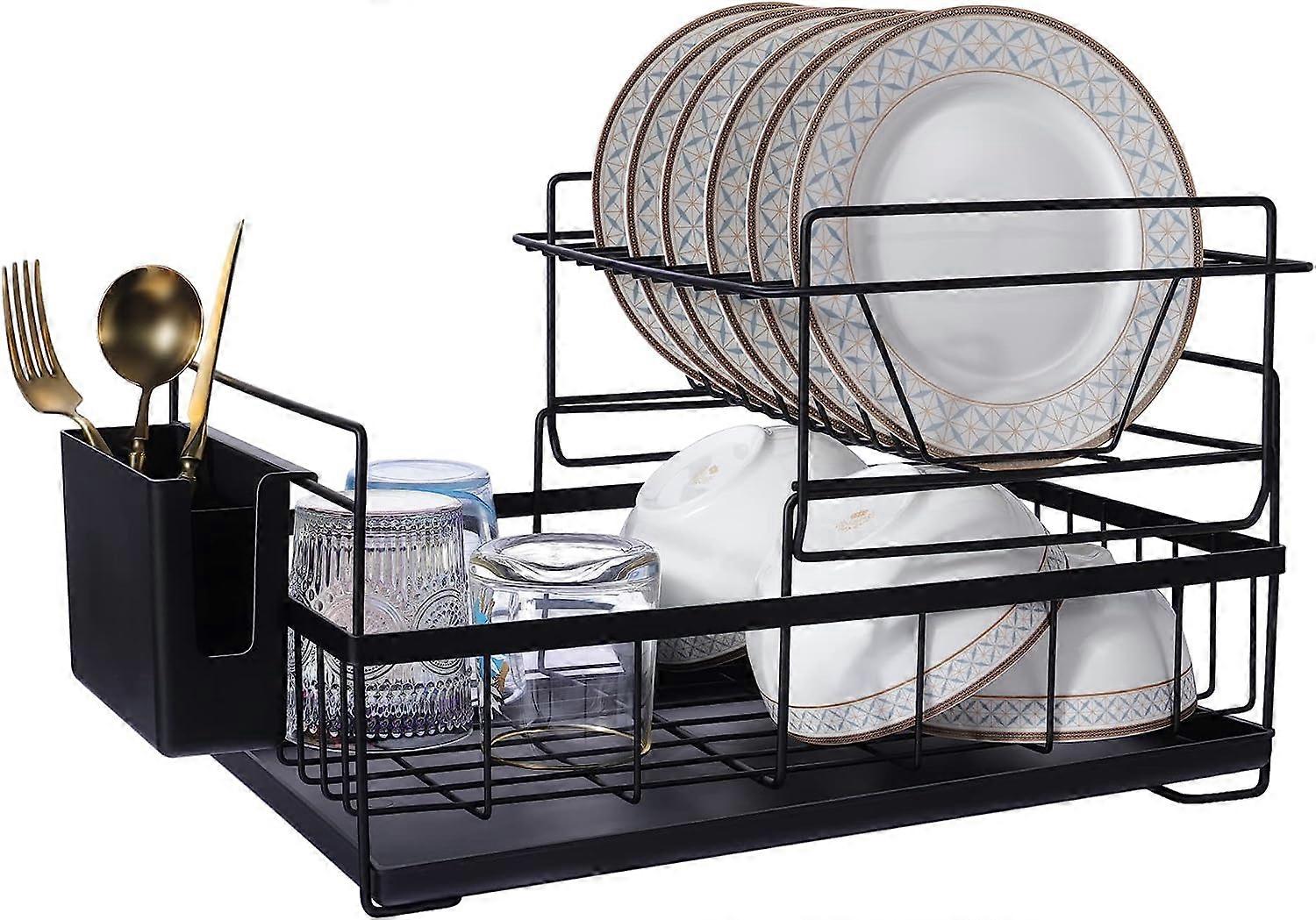2 Tier Kitchen Dish Drainer - Μαύρη μεταλλική σχάρα στεγνώματος πιάτων με θήκη σκευών, ~