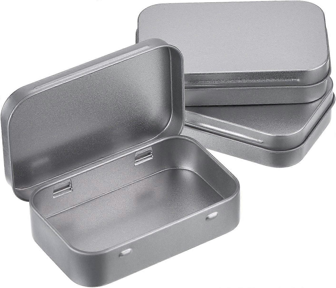 Set of 3 Empty Hinged Silver Metal Rectangular Tins Portable Mini Box Small Storage Kit Box