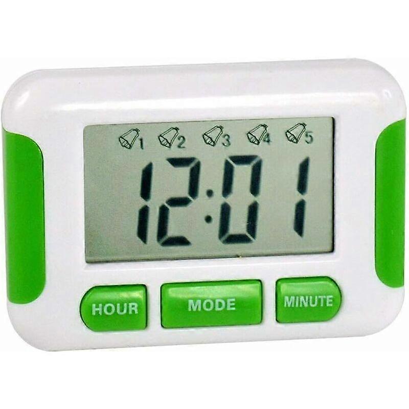 Direct wire digital clock with 5 separate multiple alarms - Stopwatch, pill box, reminder pouch, 1 pac