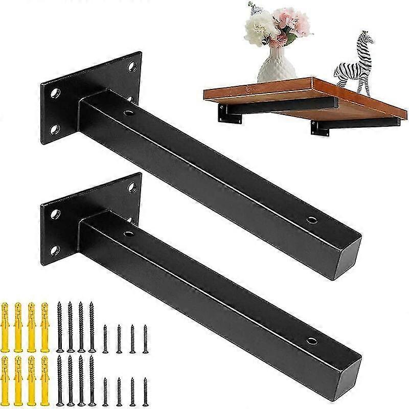 Shelf Bracket Brackets 25cm, Industrial Bracket Wall Shelf Invisible Fixing Vintage Brackets Wall Bracket DIY Metal Bracket Black with Screws (2 Pcs)