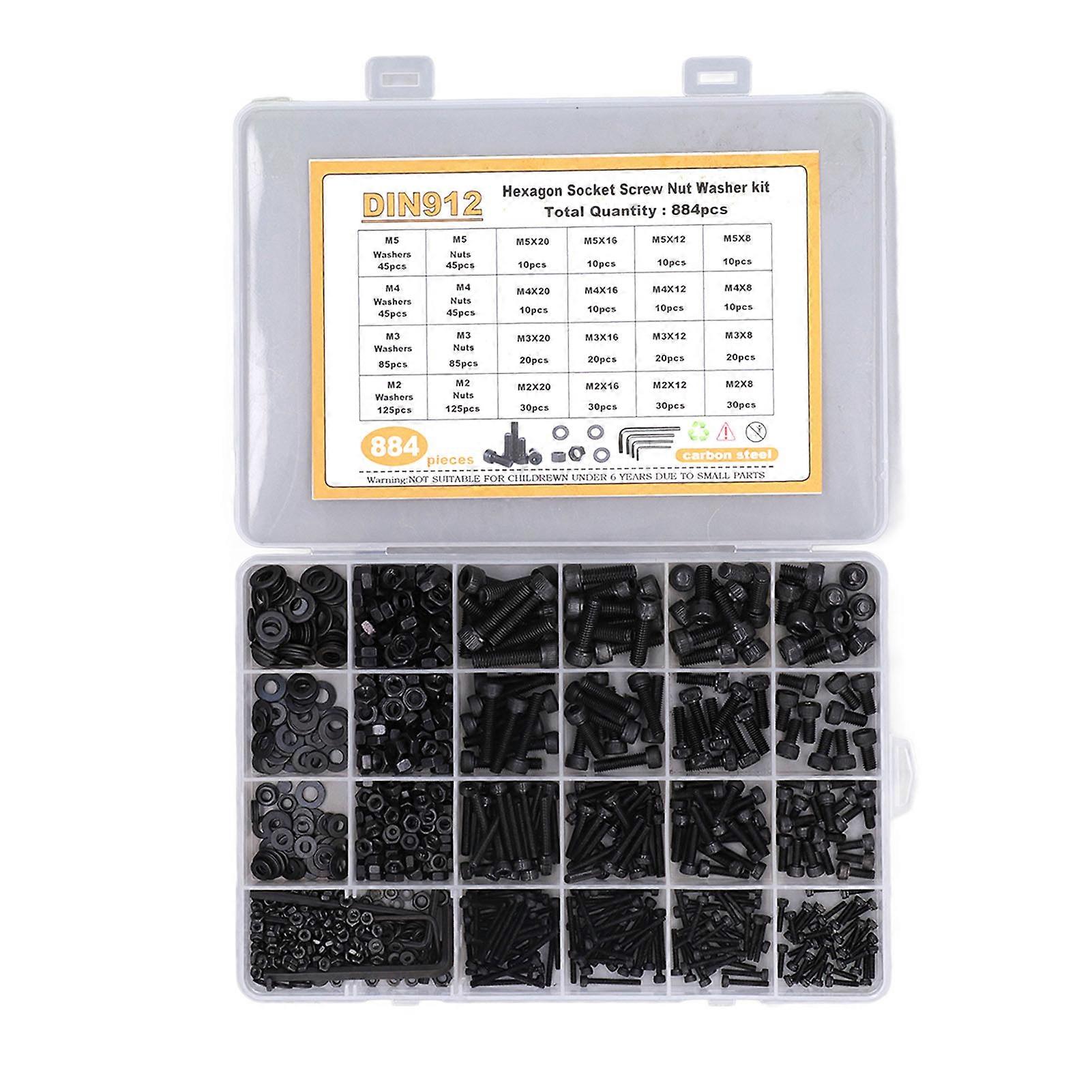 884PCS Screw Washer Nut Assortment Kit Hex Socket Head Cap Carbon Steel Screw Assembly Kit M2 M3 M4 M5