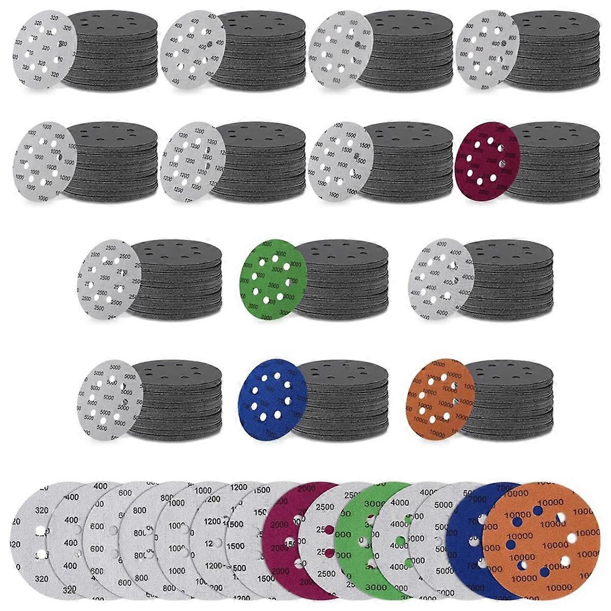 200 Pcs Sandpaper 5 Inch 8 Holes Hook and Loop Wet Dry Sanding Discs Assorted Grits, Orbital Sander