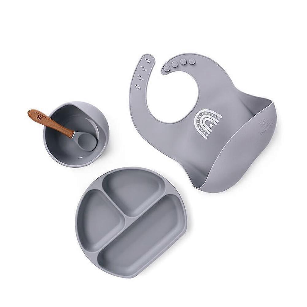 Silicone tableware set four-piece infant baby auxiliary bowl meal compartment children's plate suction cup spoonGrey