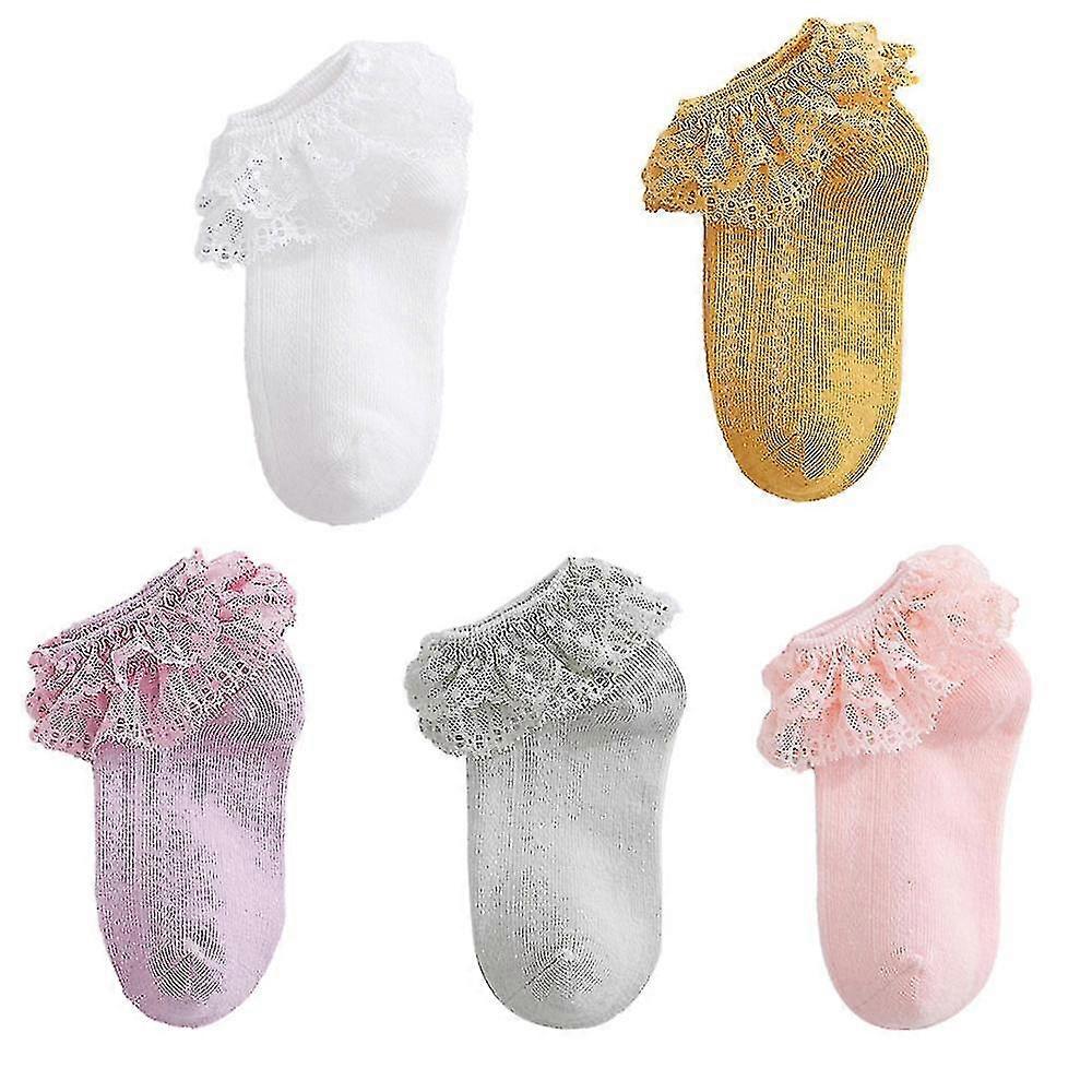Conjunto de 5 piezas Calcetines de borde con volantes para niños pequeños, calcetines de bebé de encaje doble de encaje para niñas Calcetines de baile estudiantil de color sólido