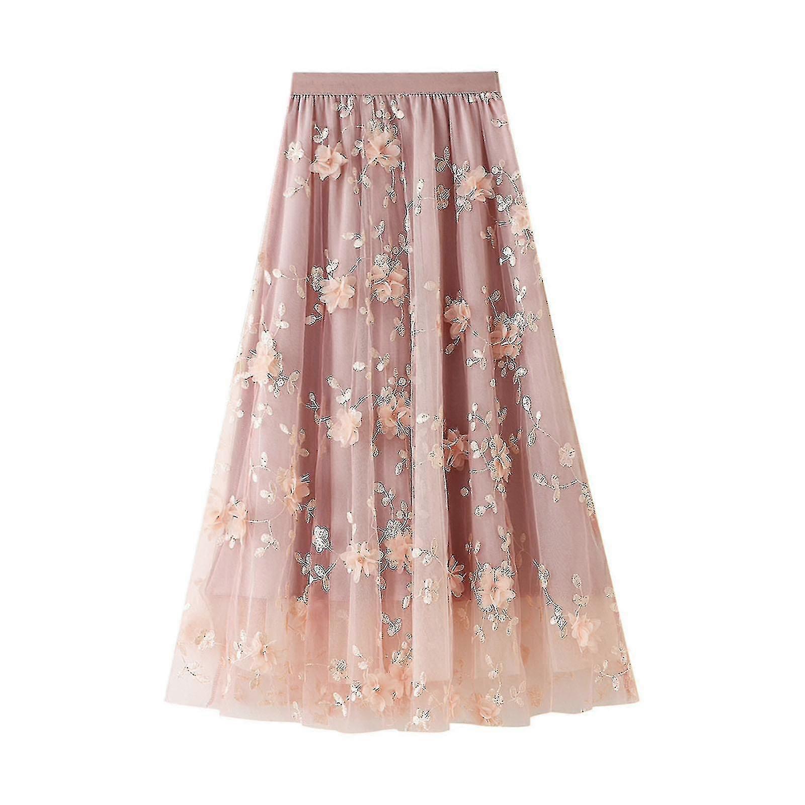 Womens Tulle Tutu Skirt 3d Flower Embroidery High Waist Mesh Midi Swing Skirt