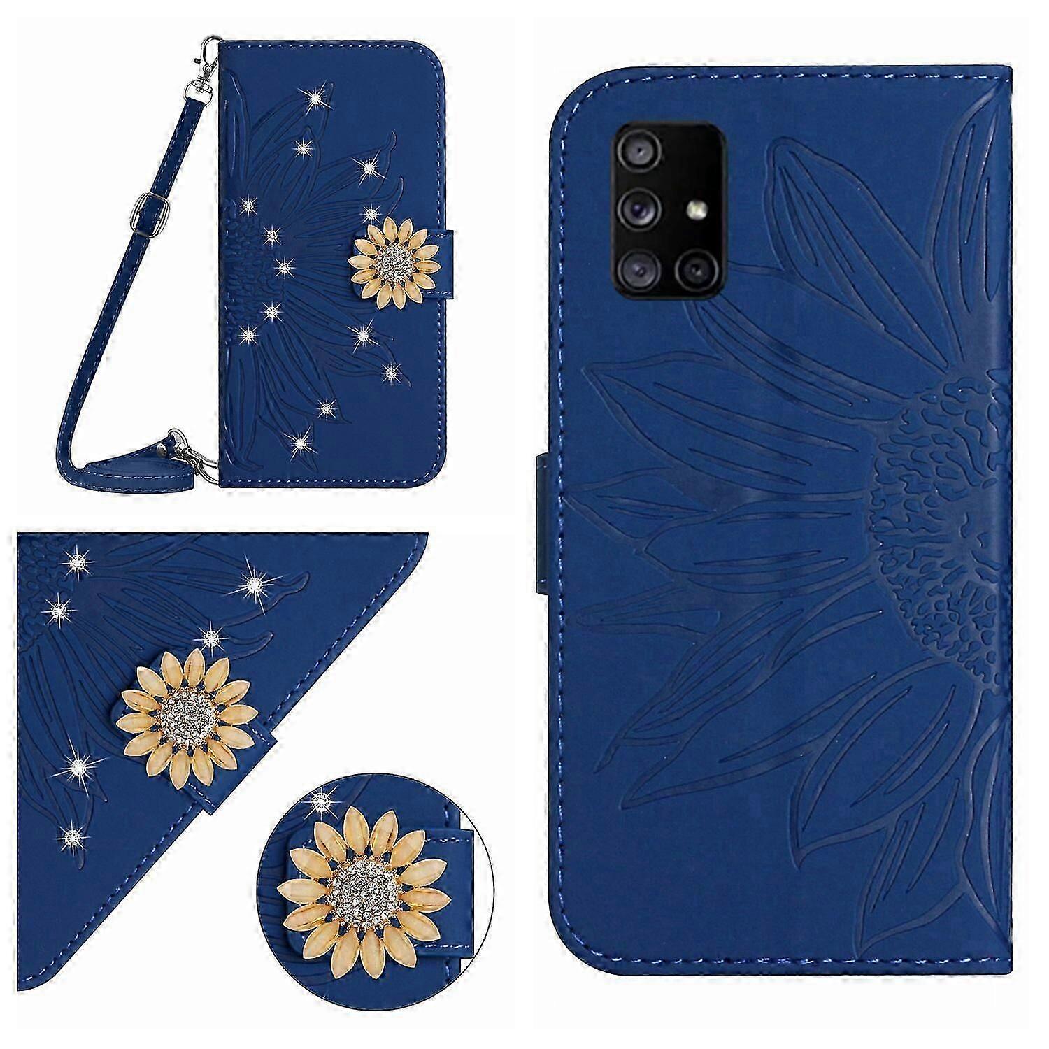 Compatible With Samsung Galaxy M51 Embossed Sunflower with Diamonds Magnetic Card Holder Wallet Phone Case with Shoulder Strap