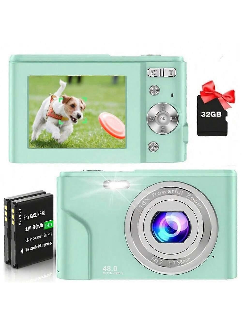 GreenZech Fhd 1080p 48mp Digital Camera With 16x Zoom 32gb Sd Card 2 Batteries Compact Mini Baby blu