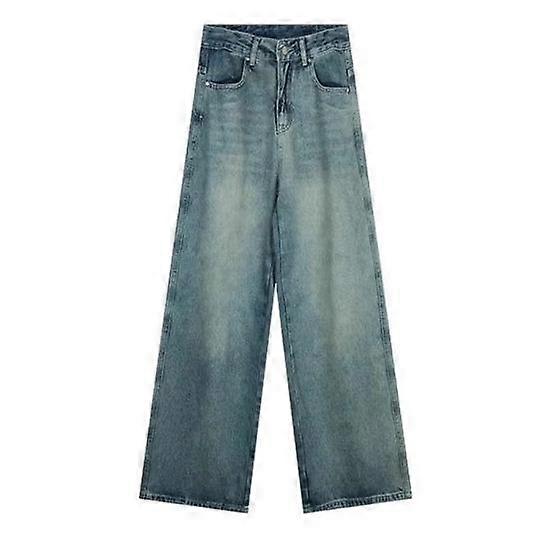 Women Jeans High Waist Zipper Button Closure Solid Color Loose Wide Leg Floor Length Retro Distressed Straight Pockets Soft Colorfast Lady Denim Pants