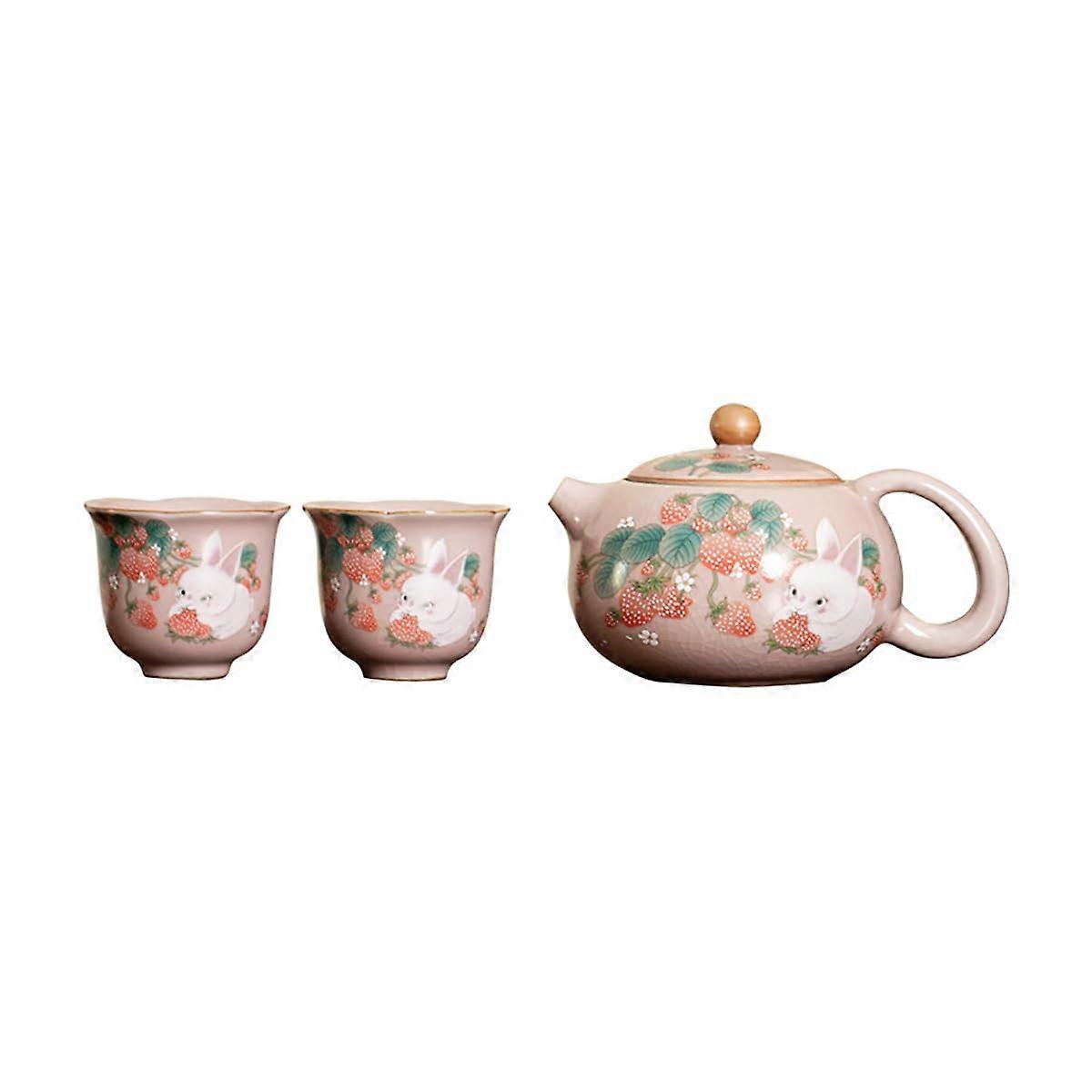 Pink Ceramic Strawberry and Rabbit Patterned Teapot Cup Set For Home Use 6 Oz Size With Matching Cups