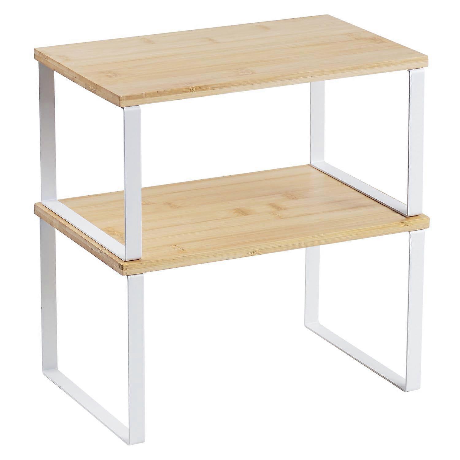 Cabinet Organizer Shelf Set of 2, Stackable 11.7" Spice Storage Rack, Metal and Engineered Wood in Cloud White and Natural Beige