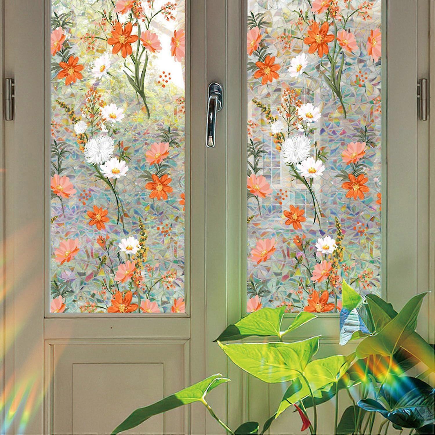 Window Privacy Film, Vitray Window Film, Removable Privacy Window Adhesive, 3D Daisy Rainbow Static Window Sticker