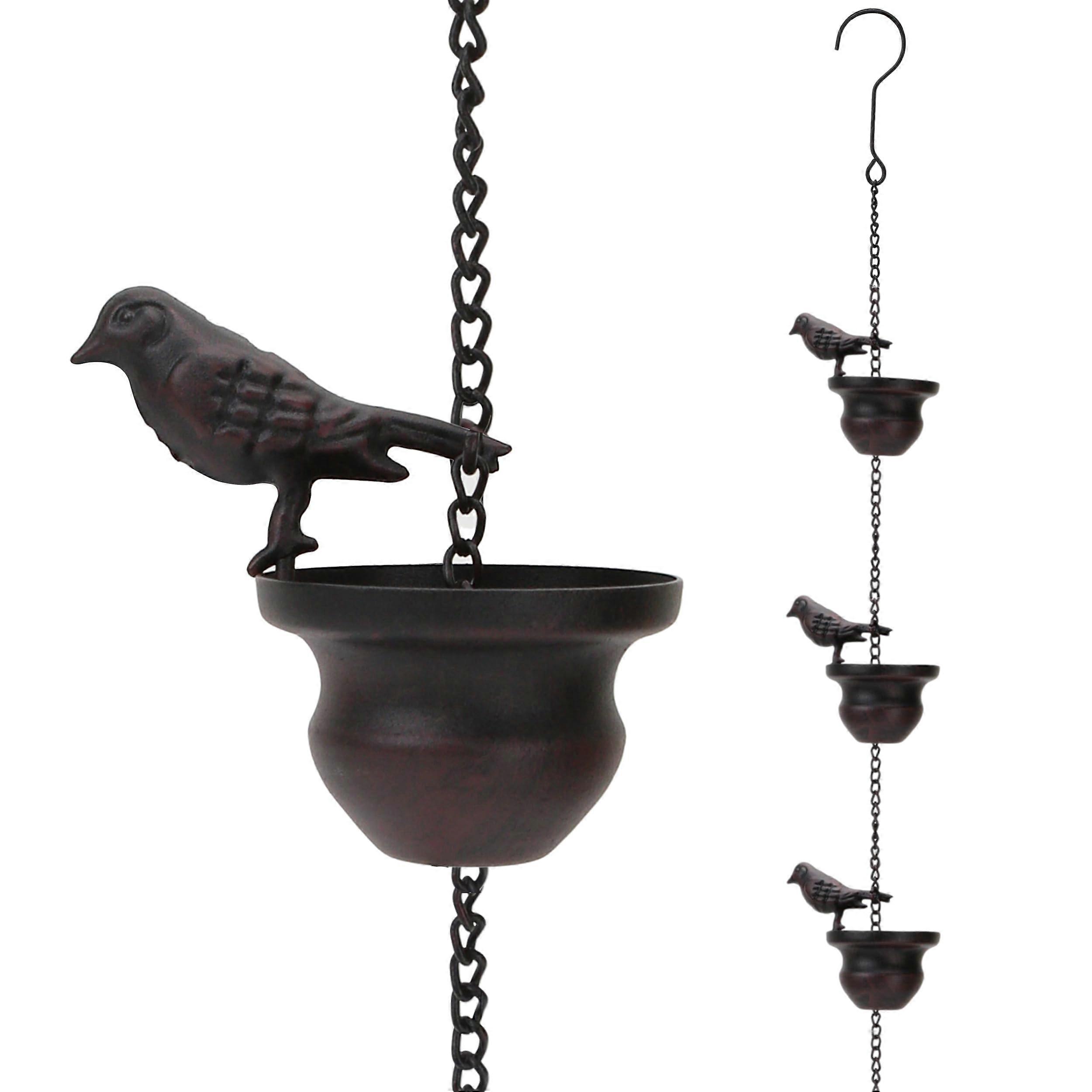 Vintage Bird Shaped Rain Chain Catcher Hanging Gutter Chains Outside Gutters 8 Feet Dark Bronze With Attached Hanger